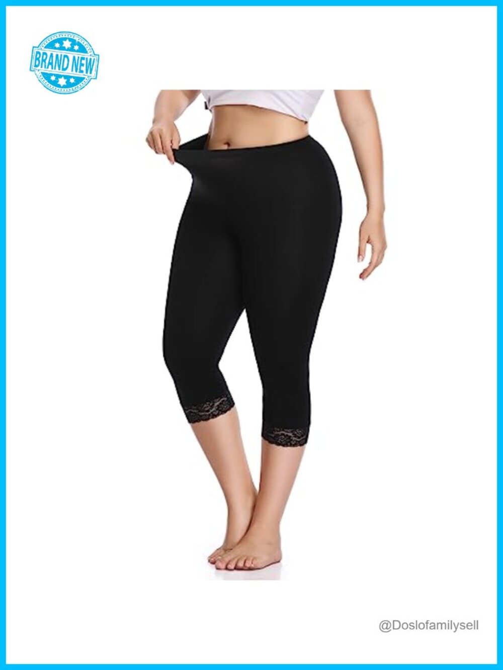 Plus Size Lace Trim Capri Leggings Stretchy Crop Yoga Pants